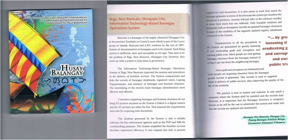 2012 Edition of Husay Balangay, “Kalipunan ng mga Malikhaing Pamamaraan at Karanasan sa Pagpapaunlad at Pamamahala ng mga Barangay.”